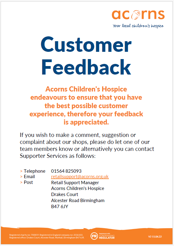 Acorns A4 Customer Feedback Form May 2024