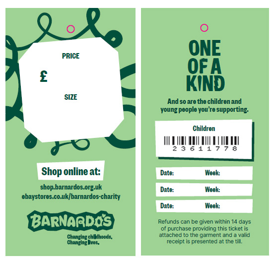 45x90mm Offset Garment Ticket, Printed 2S - CHILDRENS - Barnardos (Pack of 1000)