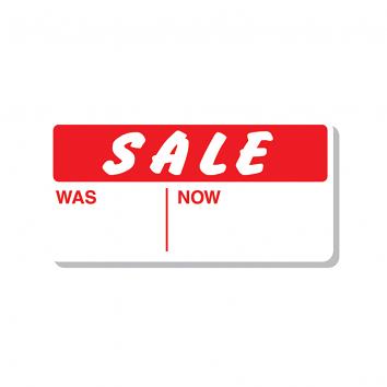 CT10 29x28mm White Pricing Labels Printed Sale Was/Now in Red, permanent adhesive (21000)
