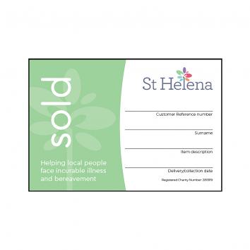 95x65mm Furniture SOLD Labels, Peelable, Printed 1 side CMYK ST HELENA HOSPICE (500)