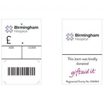 45x74 250gsm Gloss Garment Tickets, Printed NEW ARTWORK - Birmingham Hospice *PACK OF 500*