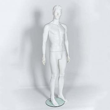 R322 Moulded Hair Matt White Plastic Male Mannequin With Glass Base