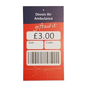 40x75mm £3.00  Garment Tickets, Printed DEVON AIR Ambulance - DEC'18 ARTWORK (1000)
