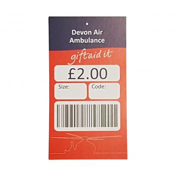 40x75mm £2.00  Garment Tickets, Printed DEVON AIR Ambulance - DEC'18 ARTWORK (1000)