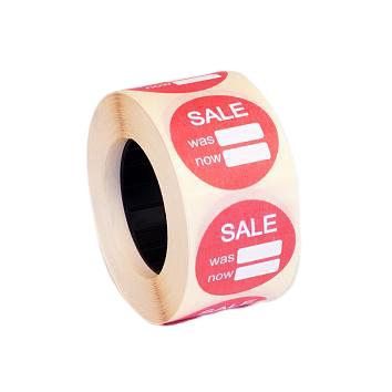 30mm Round Red On White SALE Was/Now Label, Peelable.    (500)